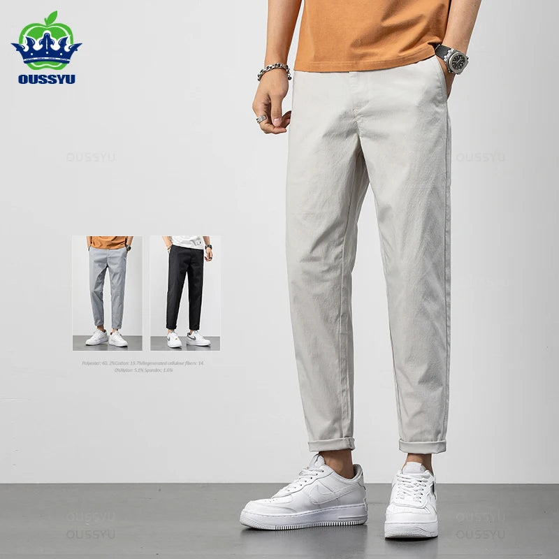 2024 New Summer Ankle-Length Pants Men Cotton Straight Fit Fashion Thin Brand Clothing Solid Color Casual Trousers Male 28-38