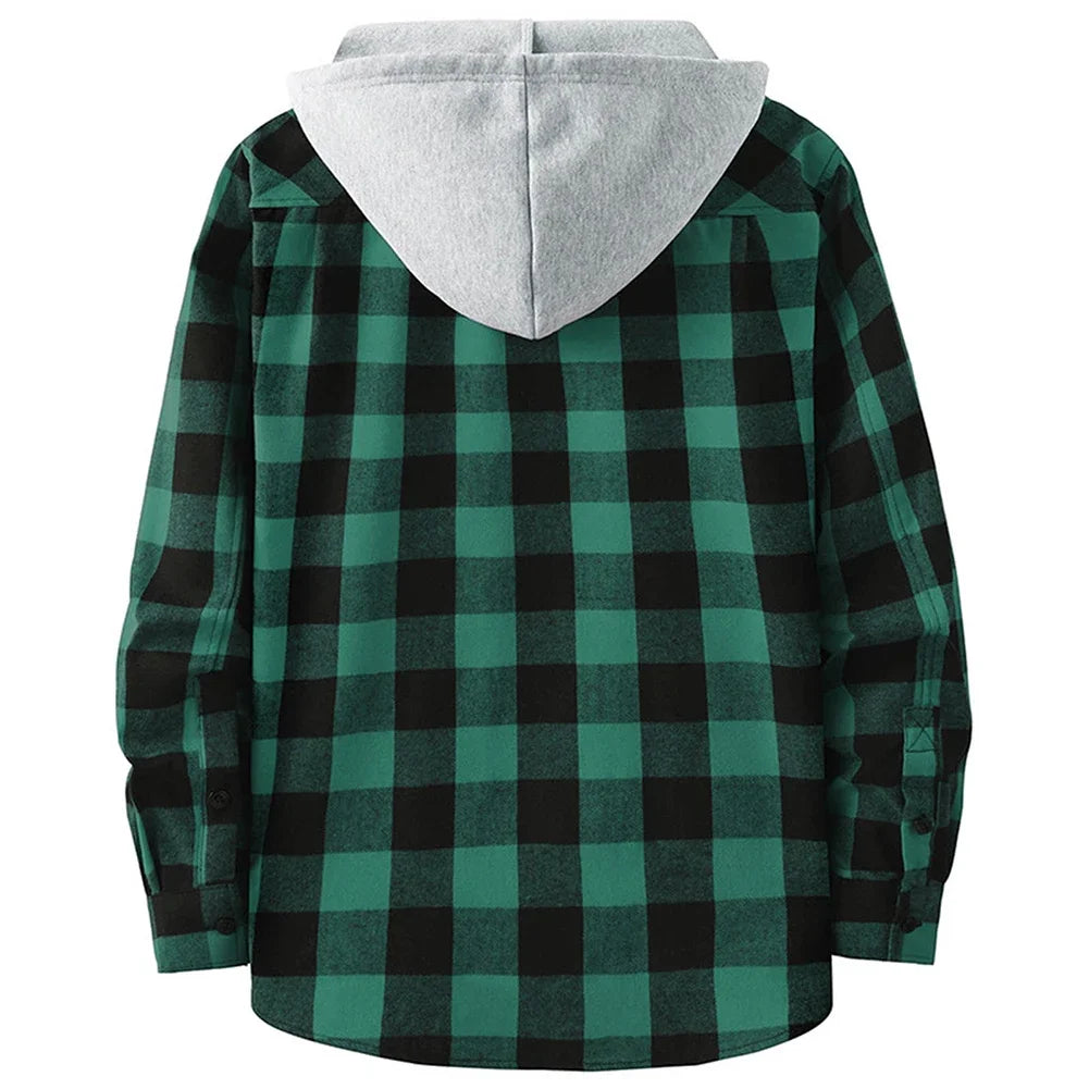 Men Plaid Long Sleeve Hooded Shirts Button Work Drawstring Casual Tops Cardigan Button Down Work Coat Tops Hoodie