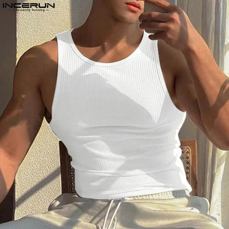 Men Tank Tops Solid Color O-neck Sleeveless Streetwear Skinny Summer Vests 2023 Sexy Fashion Casual Men Clothing S-5XL INCERUN